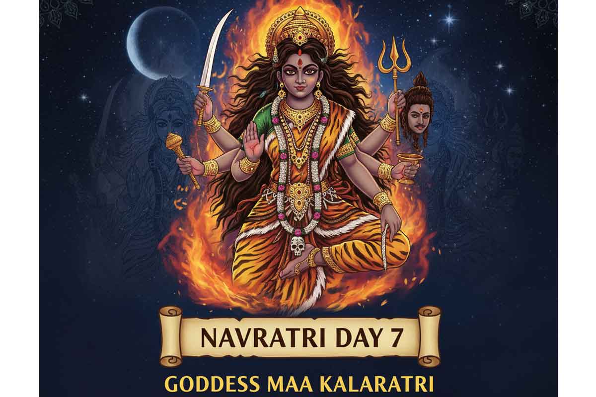 Generate a wide promotional banner image in 16:9 aspect ratio for "Navratri Day 7 Goddess Maa Kalaratri - Blessing & Mantra Guide".