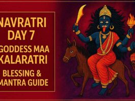 Generate a wide promotional banner image in 16:9 aspect ratio for "Navratri Day 7 Goddess Maa Kalaratri - Blessing & Mantra Guide".