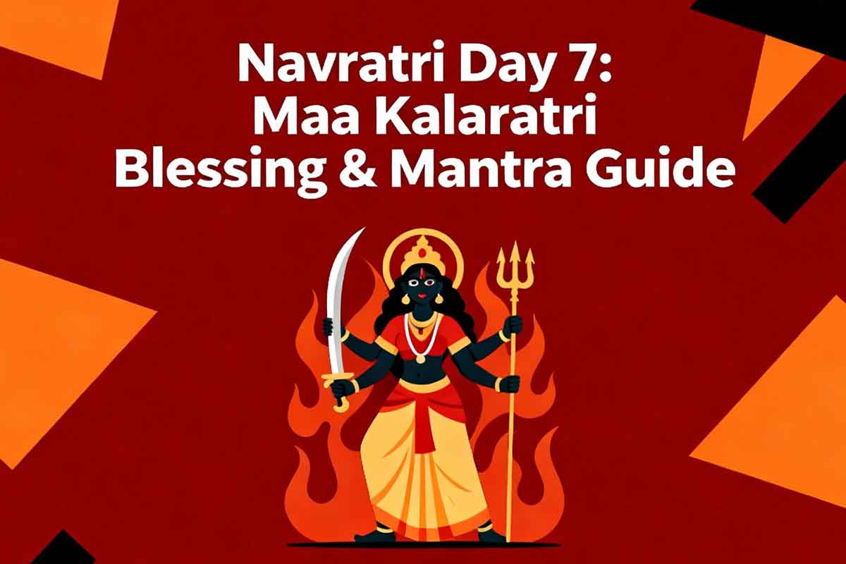 Generate a wide promotional banner image in 16:9 aspect ratio for "Navratri Day 7 Goddess Maa Kalaratri - Blessing & Mantra Guide".