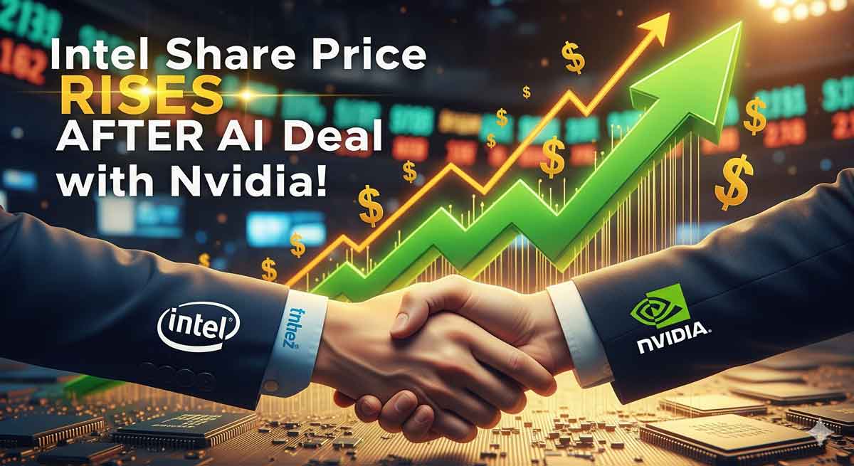 Generate Clickbait "Intel Share Price Rises After AI Deal with Nvidia" image. The image aspect ratio is 16:9 in JPG format.
