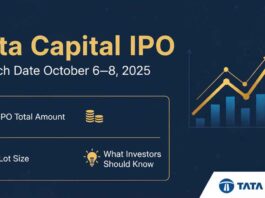 Generate a wide promotional banner image in 16:9 aspect ratio for "Tata Capital IPO Launch Date October 6–8, 2025".