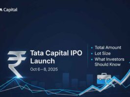 Generate a wide promotional banner image in 16:9 aspect ratio for "Tata Capital IPO Launch Date October 6–8, 2025".