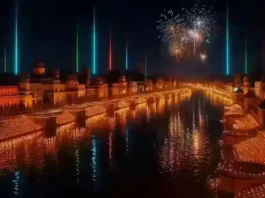 Ayodhya Deepotsav 2025 aerial view with diyas and digital light pillars