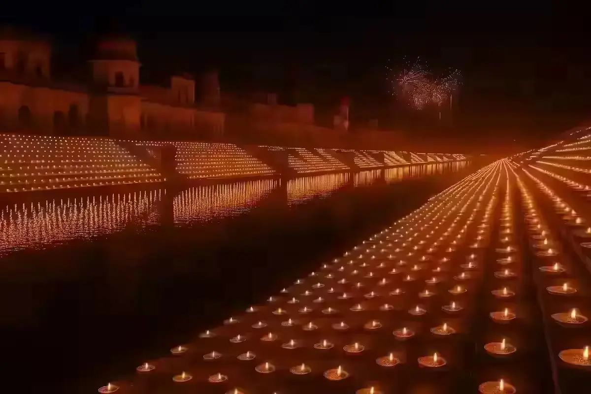 Ayodhya Deepotsav 2025: Ramayan Glory Meets AI Vigil in Uttar Pradesh’s Grand Celebration Rows of diyas lighting up the ghats during Ayodhya Deepotsav 2025