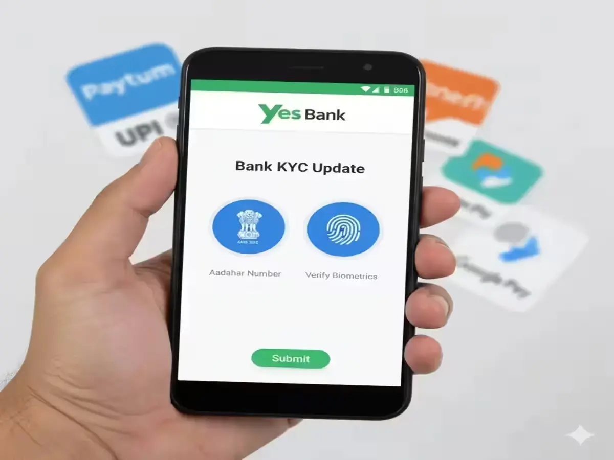 Bank KYC update notification on Yes Bank mobile app showing Aadhaar biometric verification screen.
