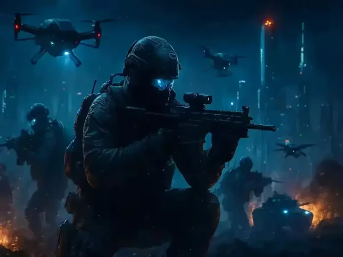 Battlefield 6 soldiers in futuristic combat scene with RTX lighting effects