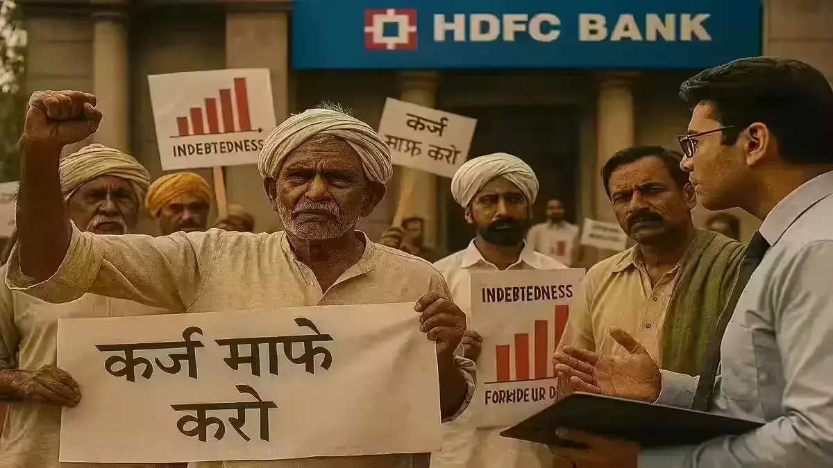Farmers protesting outside HDFC Bank against KCC loan recovery