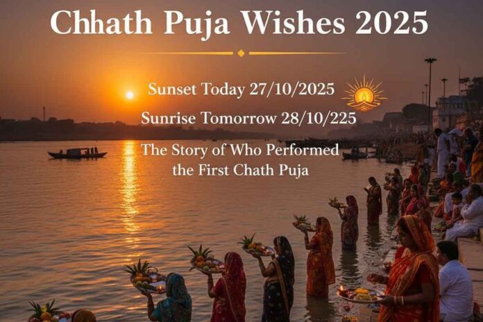 Chaath-Puja-2 Chhath Puja Wishes 2025: Sunset Today 27/10/2025, Sunrise Tomorrow 28/10/2025 & The Story of Who Performed the First Chhath Puja