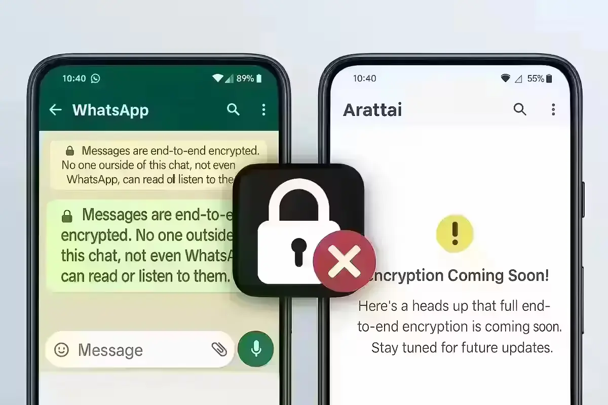 End-to-End Encryption Missing in Arattai? Users Asked to Wait for Upcoming Security Rollout Comparison between WhatsApp encryption and Arattai missing feature