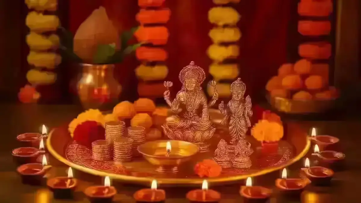 Happy Dhanteras 2025: Why This Year’s Dhanteras Is Extra Lucky – Don’t Miss This Fortune Hour! Dhanteras puja setup with diyas, Lakshmi idol, flowers, and gold coins