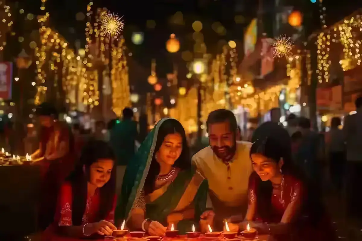 Happy Diwali 2025 Quotes and Messages: Spread Joy and Positivity This Festival Diwali 2025 celebrations with diyas, family gatherings, and street decorations.