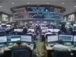 Traders monitoring Dow Jones, Nasdaq Composite, and S&P 500 on a busy trading floor