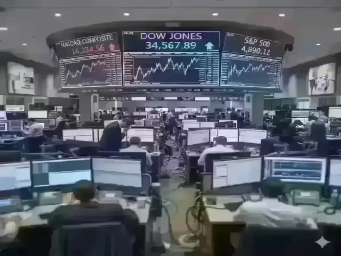 Traders monitoring Dow Jones, Nasdaq Composite, and S&P 500 on a busy trading floor