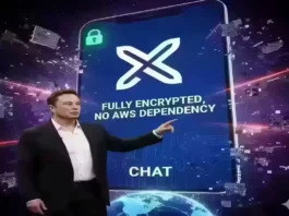 Design a futuristic digital lock and encryption graphic overlaying a smartphone displaying the X Chat interface. Include text “Fully Encrypted” subtly in the background, emphasizing secure messaging.