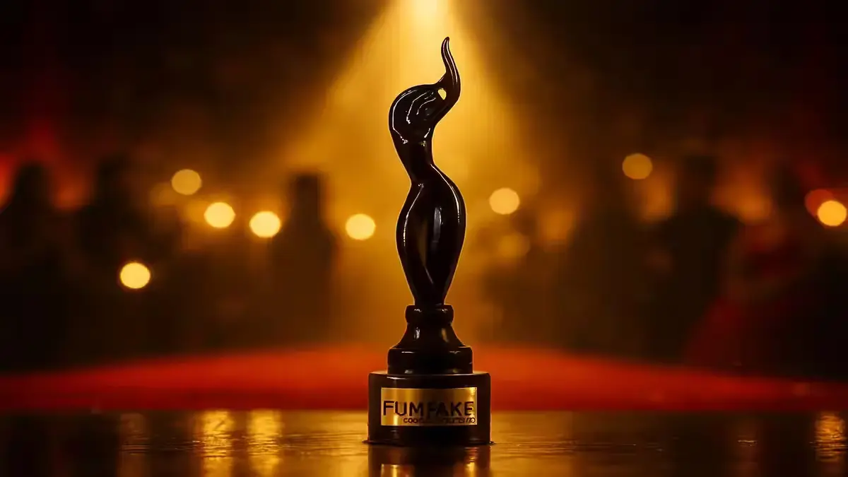 Filmfare Award trophy close-up with Bollywood stars in background