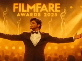Shah Rukh Khan performing at Filmfare Awards 2025 stage with golden lights