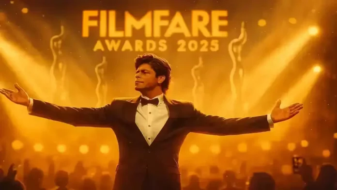 Shah Rukh Khan performing at Filmfare Awards 2025 stage with golden lights