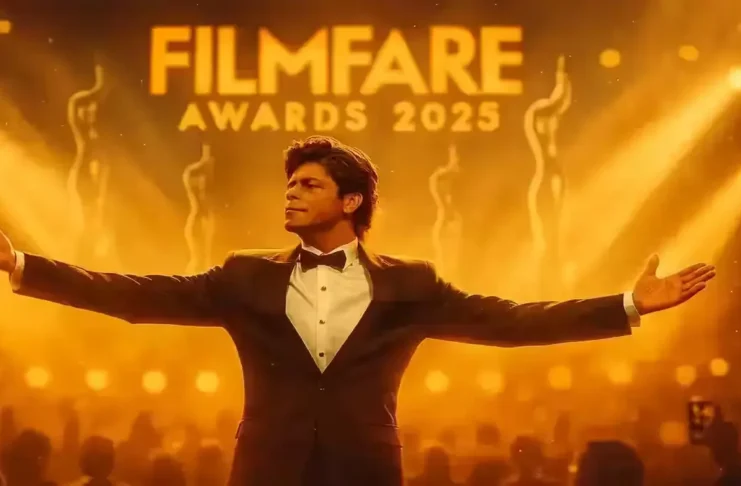 Shah Rukh Khan performing at Filmfare Awards 2025 stage with golden lights