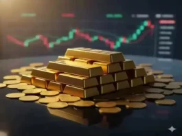 Gold bars and coins with market chart representing live gold price