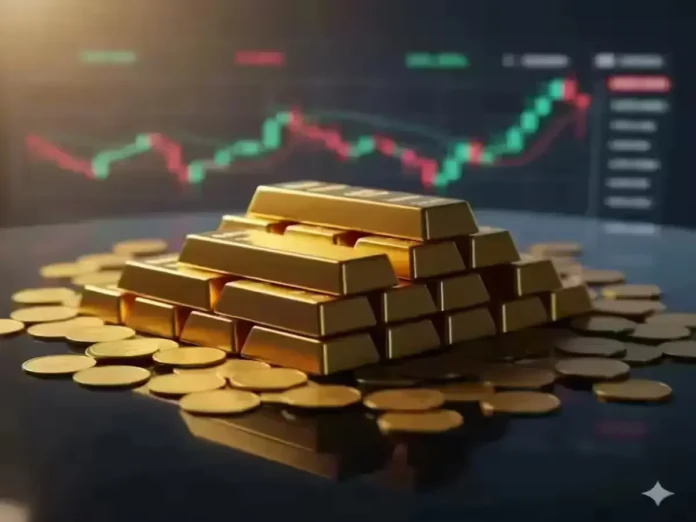 Gold bars and coins with market Gold bars and coins with market chart representing live gold price
