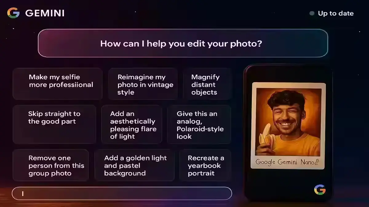 gemini ai photo prompt Trends: From Nano Banana to Retro Effects Google Gemini AI prompts interface for photo editing