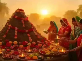 Govardhan Puja 2025 celebration with villagers performing rituals around decorated Govardhan hill