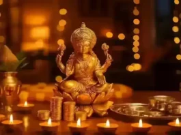 Happy Dhanteras 2025 celebration with diyas, Goddess Lakshmi idol, gold coins, and festive lights.