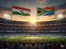 ICC Women's World Cup Final 2025 cricket stadium with flags of India and South Africa