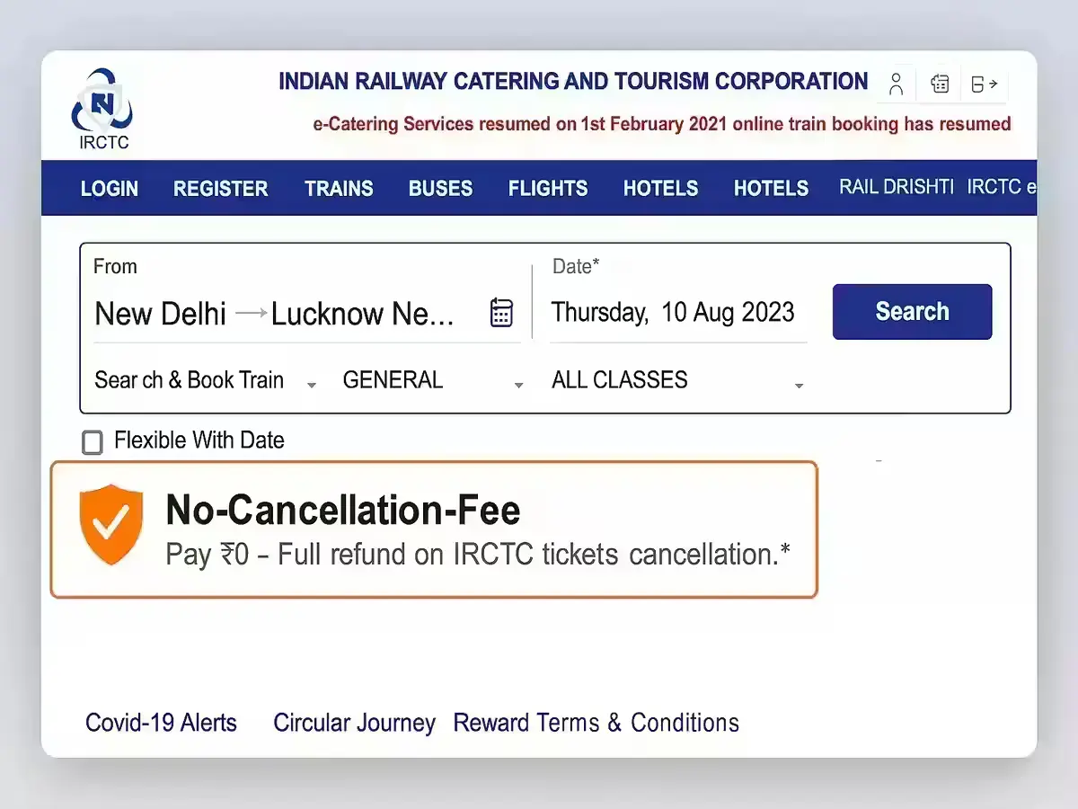 IRCTC’s Big Diwali Gift: No-Cancellation-Fee Train Tickets Announced IRCTC website screenshot showing No-Cancellation-Fee option