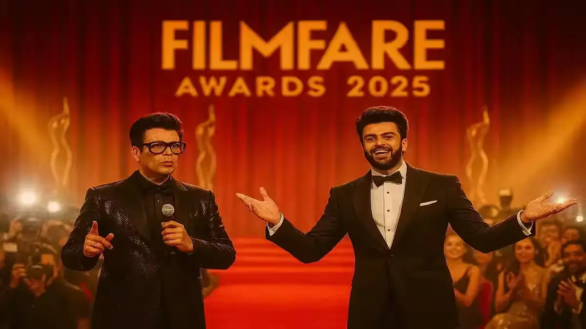 Karan Johar and Maniesh Paul hosting the Filmfare Awards 2025 ceremony