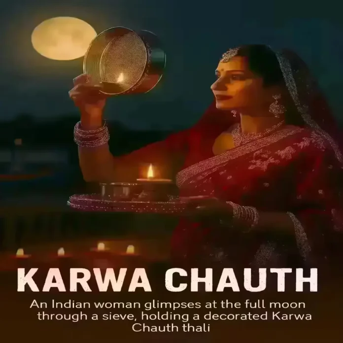 Indian woman performing Karwa Chauth 2025 rituals under moonlight with decorated thali