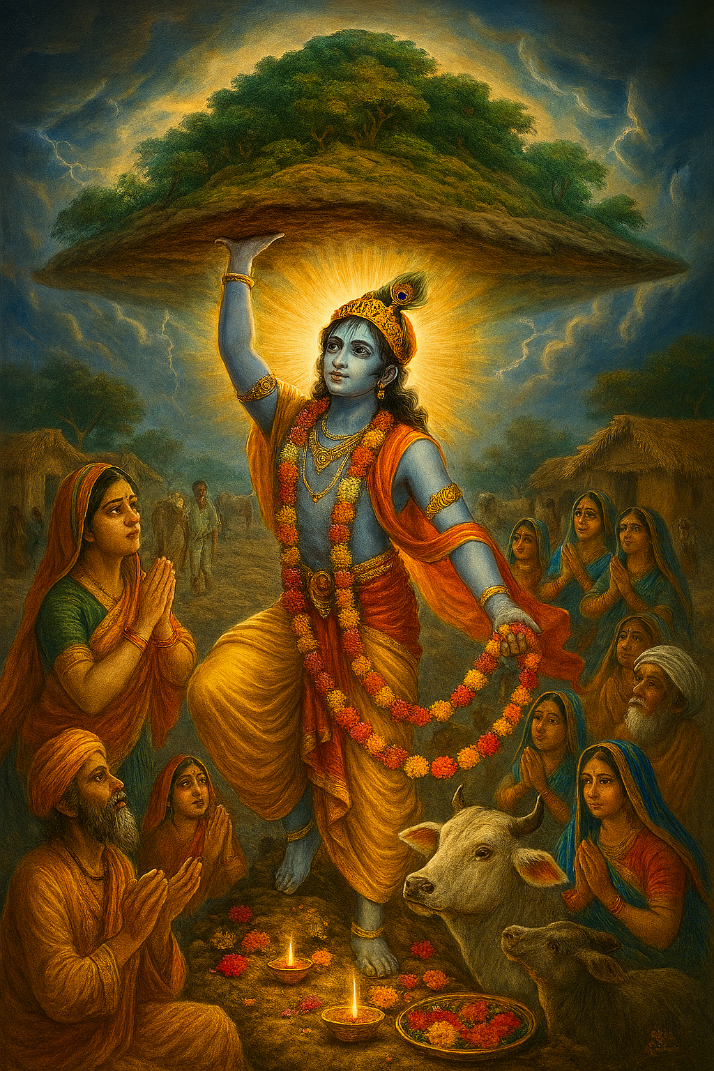 Illustration of Lord Krishna lifting Govardhan Hill, symbolizing faith and divine protection