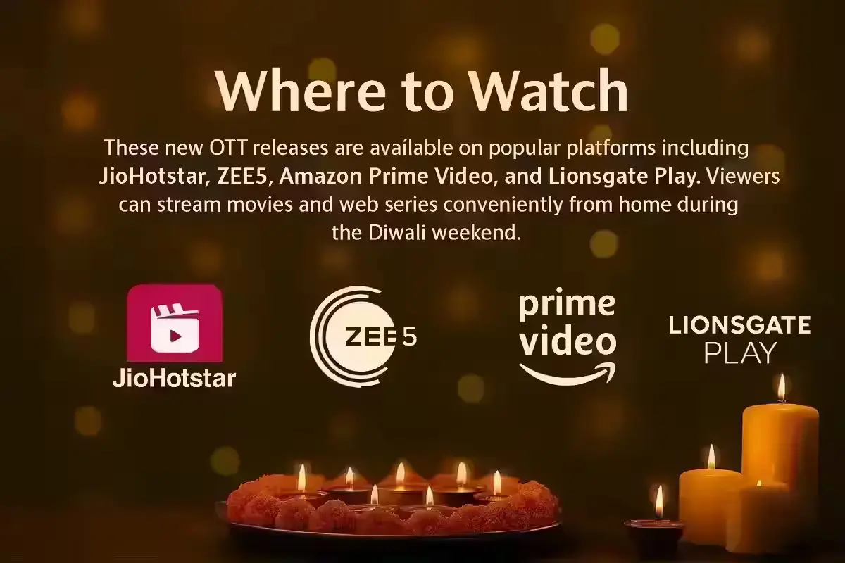 New OTT Releases: Baaghi 4, Santosh & More to Watch Now Diwali 2025 OTT releases streaming on TV in festive living room setup