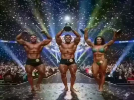 Derek Lunsford, Hadi Choopan, and Andrea Shaw on stage at Mr. Olympia 2025