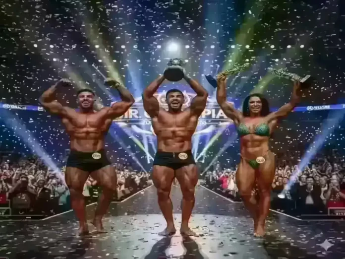 Derek Lunsford, Hadi Choopan, and Andrea Shaw on stage at Mr. Olympia 2025