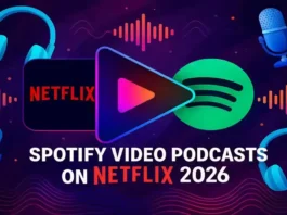 Spotify and Netflix logos with video podcast streaming illustration 2026