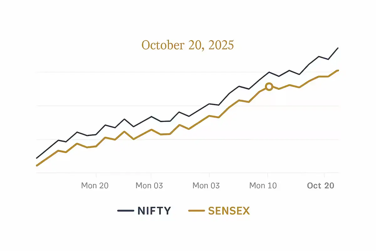 Buy or Sell on Diwali 2025?Sensex, Nifty Rally as Festive Sentiment Boosts Markets Nifty and Sensex live chart on 20 October 2025 showing upward trend before Diwali.