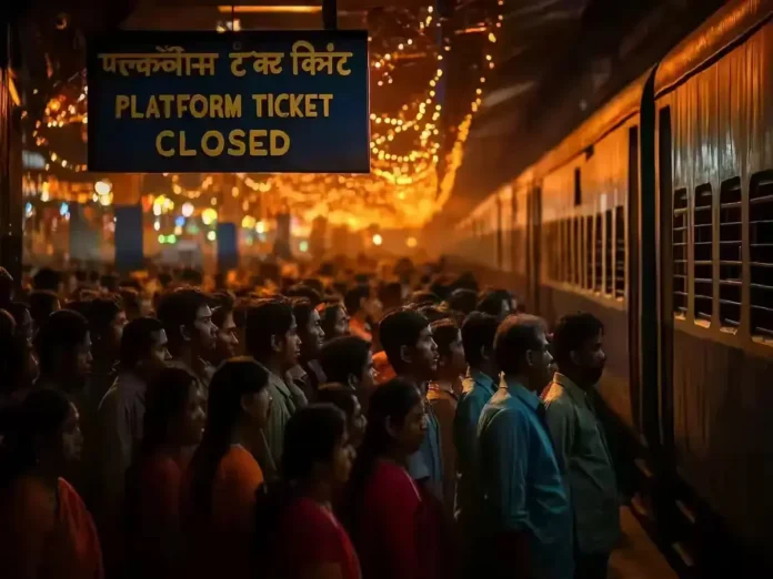 Crowded Indian railway platform with Platform Ticket Closed sign during Diwali and Chhath