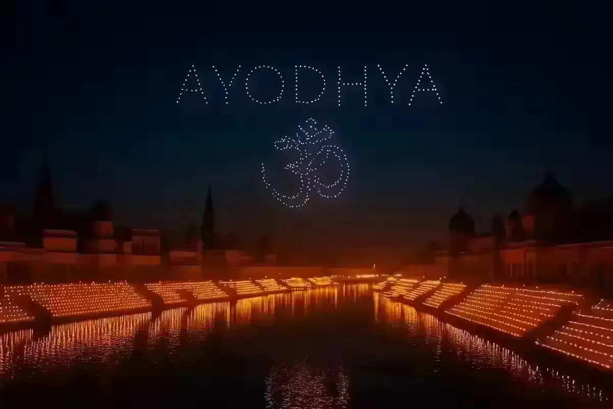 Ayodhya Deepotsav 2025: Ramayan Glory Meets AI Vigil in Uttar Pradesh’s Grand Celebration Drone light formations over Ayodhya during Deepotsav 2025