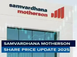 Samvardhana Motherson headquarters with digital stock chart showing upward trend