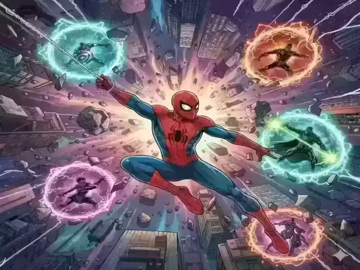 Spider-Man swinging through multiverse portals in Avengers: Doomsday