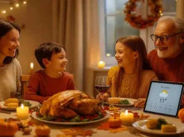 Family celebrating Thanksgiving with forecast and calendar planning for Thanksgiving Week 2025
