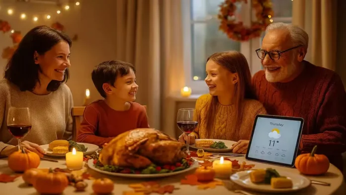 Family celebrating Thanksgiving with forecast and calendar planning for Thanksgiving Week 2025