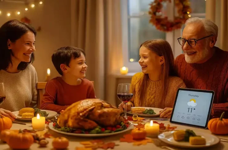 Family celebrating Thanksgiving with forecast and calendar planning for Thanksgiving Week 2025