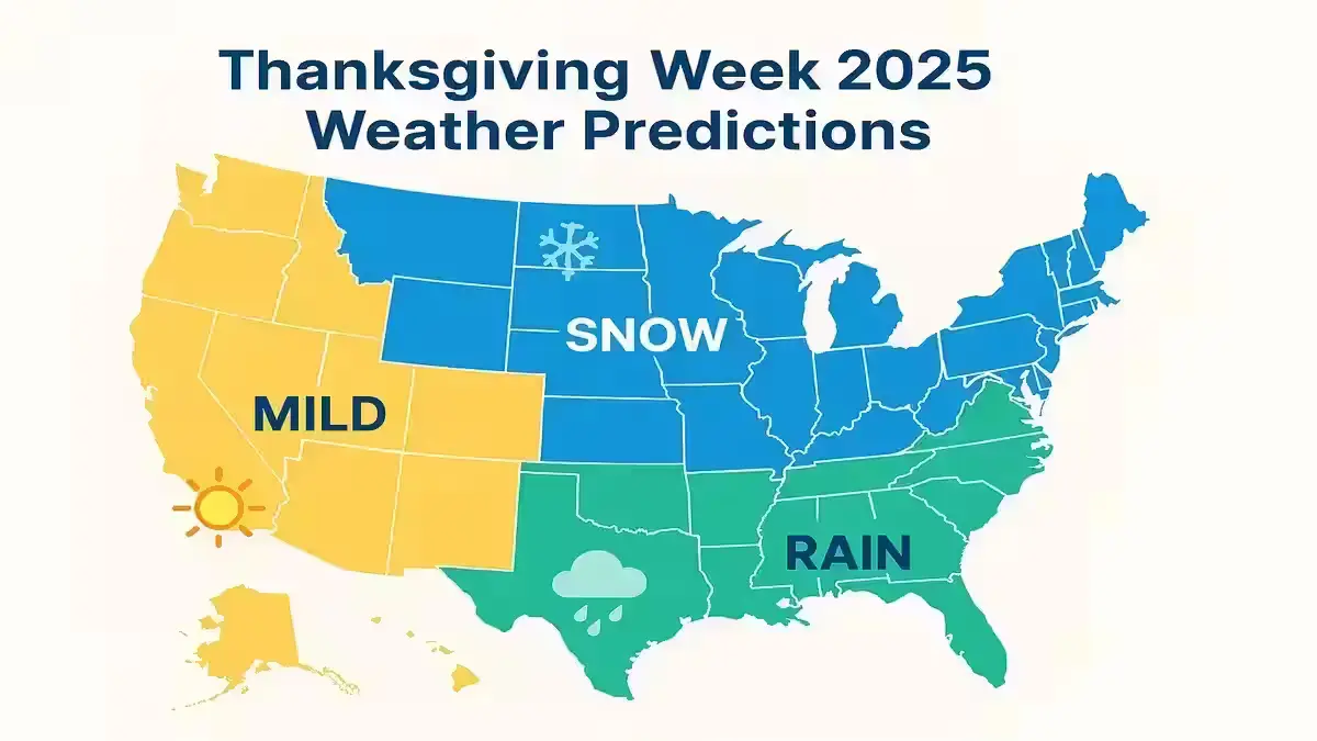 Thanksgiving Week 2025: What to Expect This Holiday Season Map showing Thanksgiving Week 2025 weather forecast across the U.S.