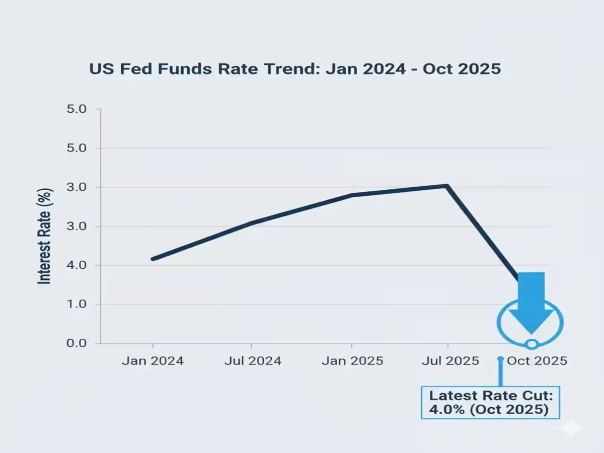 Federal Reserve Interest Rate Cut Explained: What the 3.75–4.00% Range Means Chart showing US Fed Funds Rate trend highlighting October 2025 rate cut.