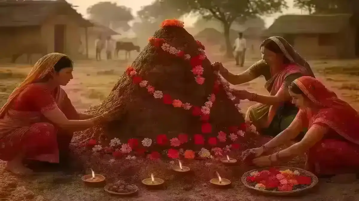 Women decorating cow dung Govardhan hill with flowers and lamps during Govardhan Puja