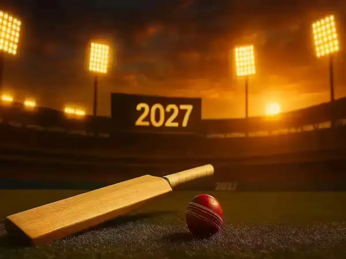 Rohit Sharma, Virat Kohli and the 2027 World Cup: What’s Next? 2027 Cricket World Cup theme image showing bat and ball in stadium.