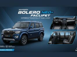 Generate a wide promotional banner image in 16:9 aspect ratio for "Mahindra Bolero Facelift: Exterior, Interior & Feature Highlights".