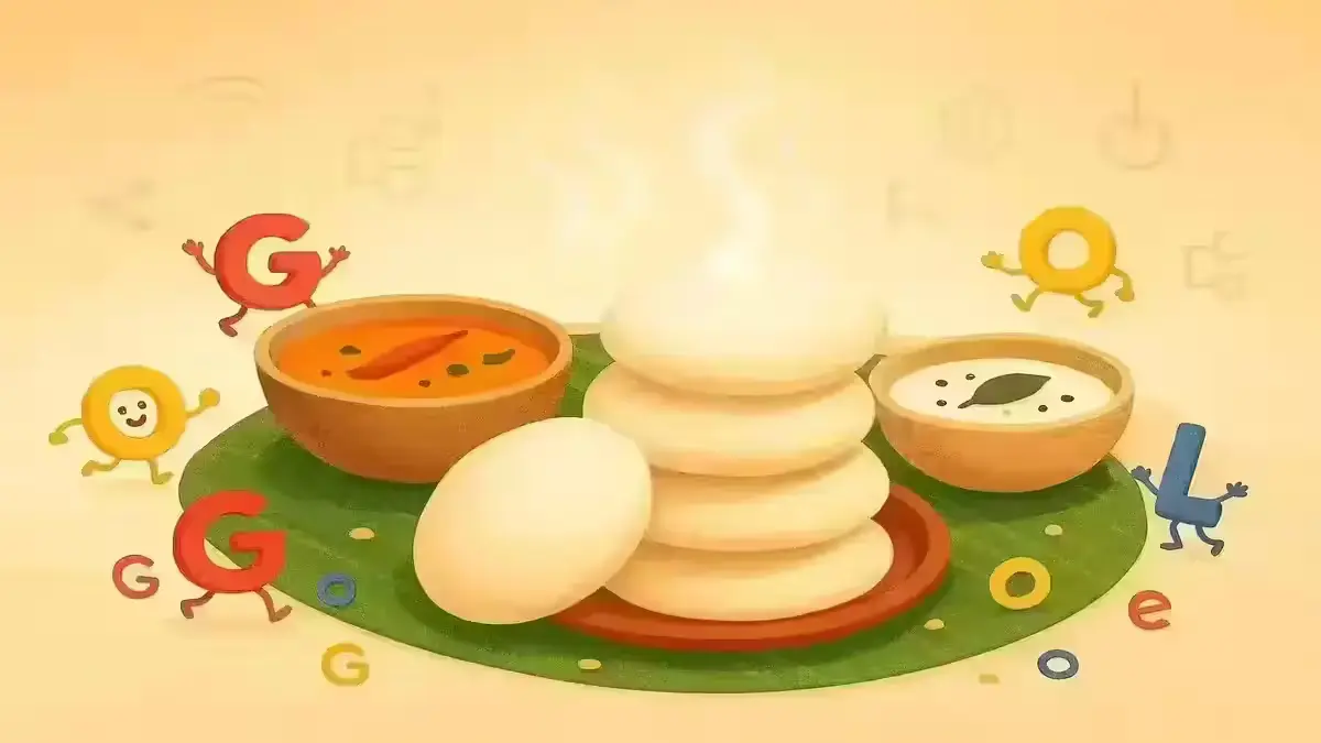 Breakfast table with steaming idlis, sambar, and chutney decorated with Google doodle elements